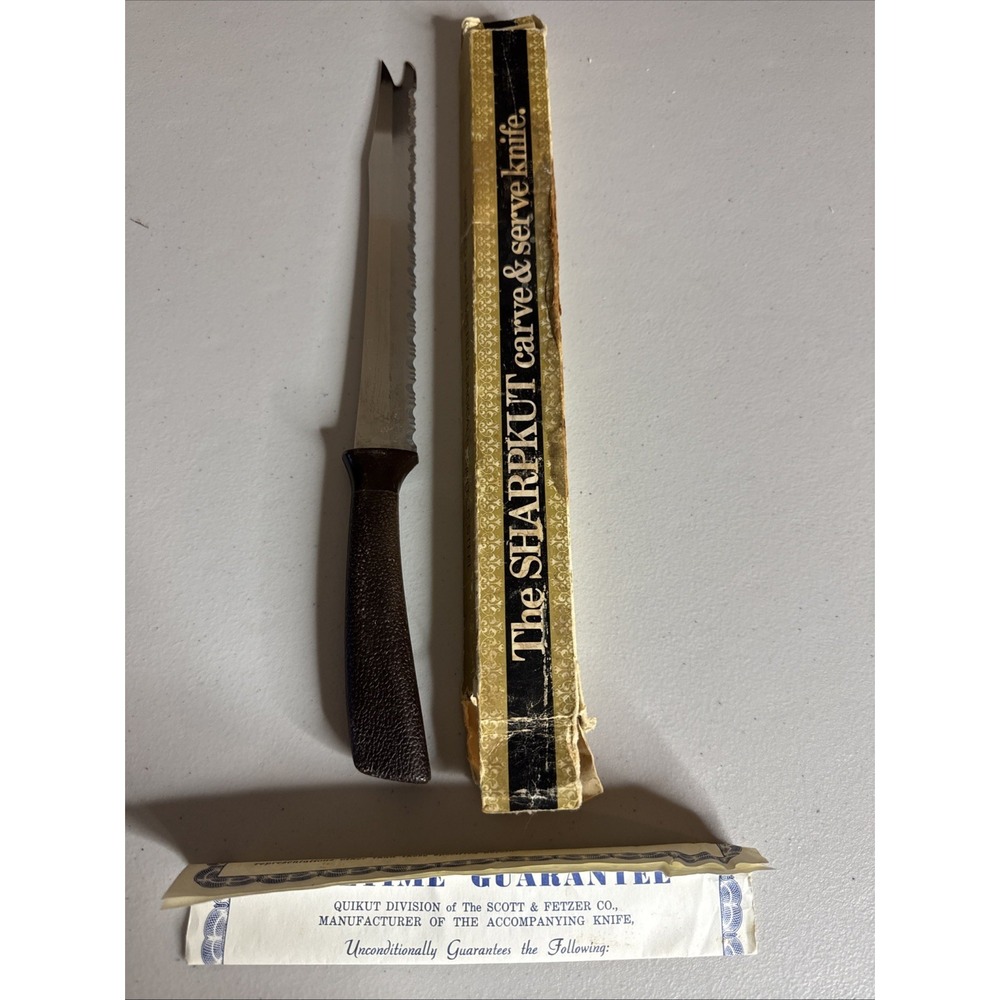 Vintage Quikut Bread Carving Knife Serrated Stainless 8" Fork End 13" Overall
